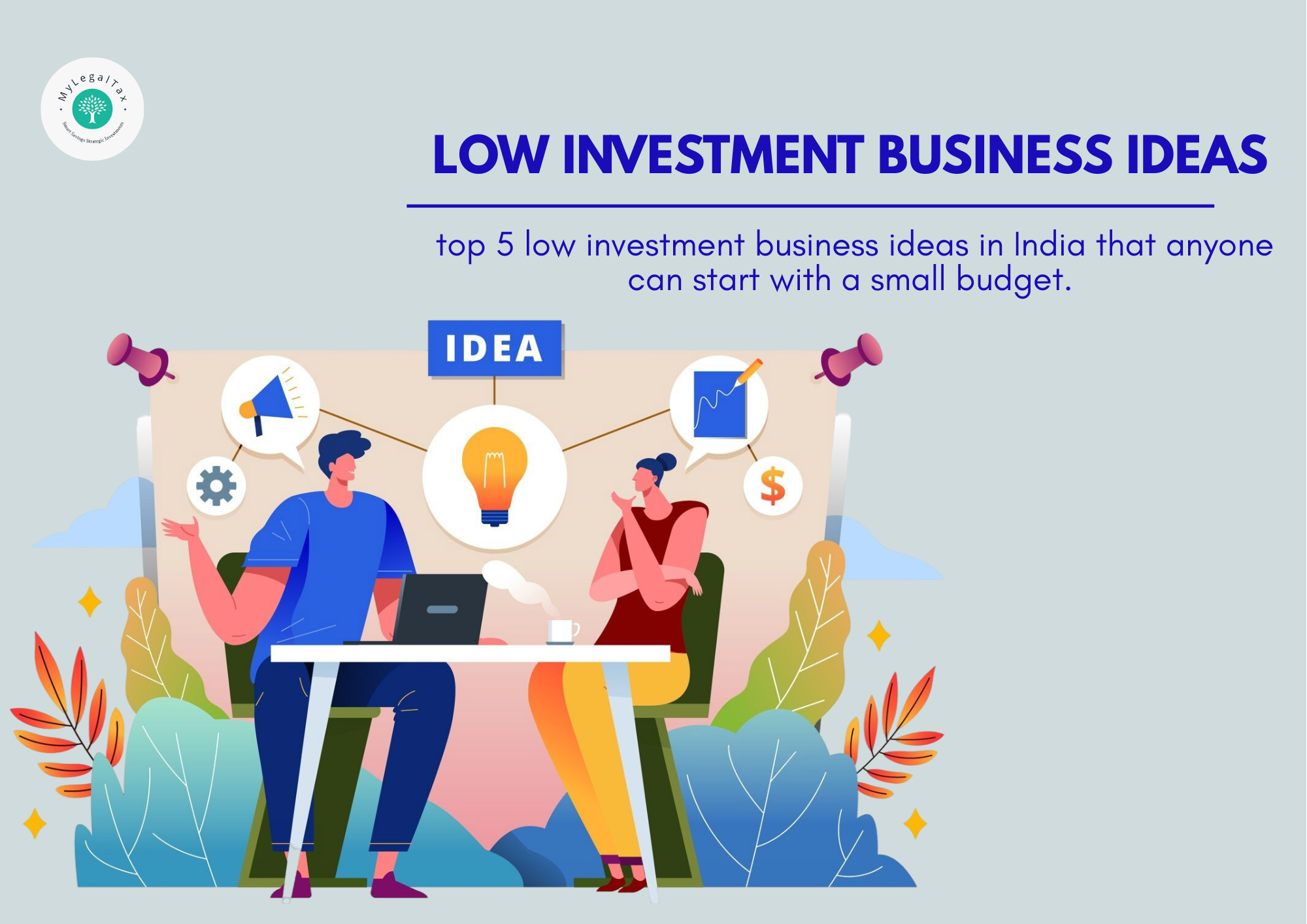 Top 5 low investment business ideas in India illustrated with icons and small business elements.